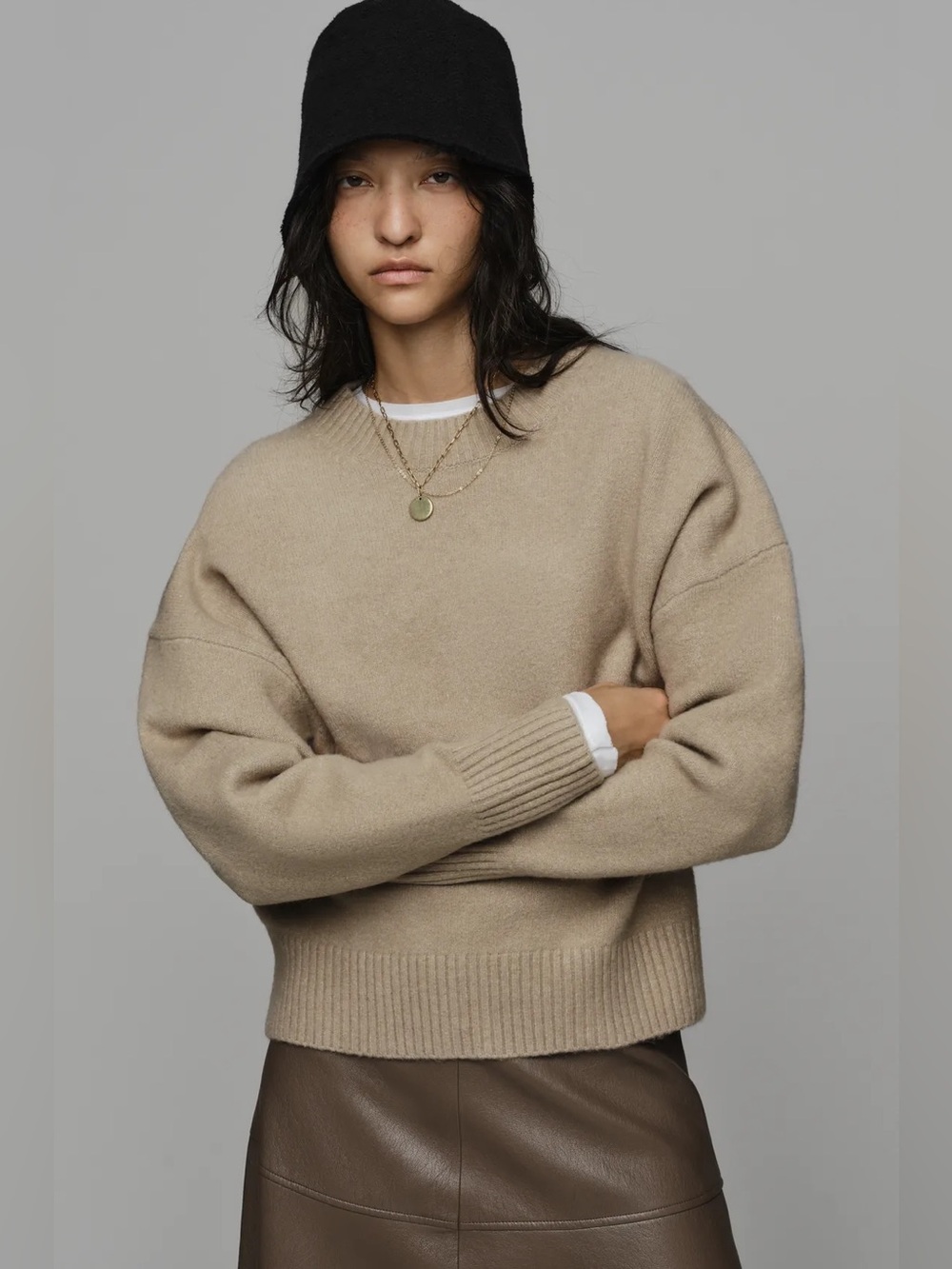 Zara Soft Knit Crew Neck Lkng Sleeve Jumper Ribbed Trim Oversized Taupe Gray XS